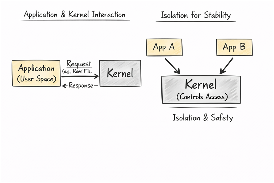 Diagram showing application and kernel interaction