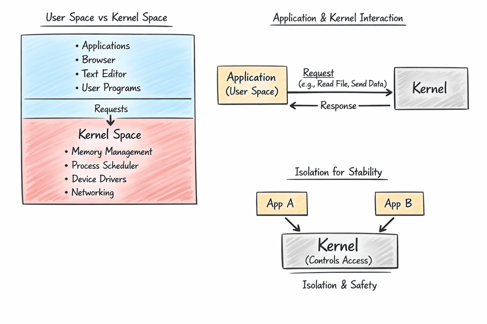 Diagram comparing user space and kernel space