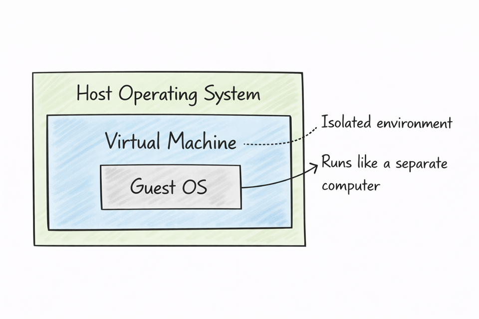 Diagram showing host operating system, virtual machine, and guest operating system